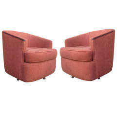 Vintage Mid-Century Modern Barrel Swivel Chairs with Wood Trim, Pair