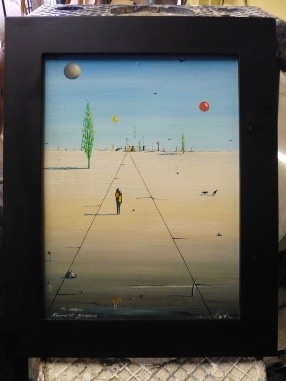 This framed oil on board painting by California artist, Kenneth Stacin, depicts a couple walking towards a futuristic city. It is inscribed and signed in the lower left hand corner.