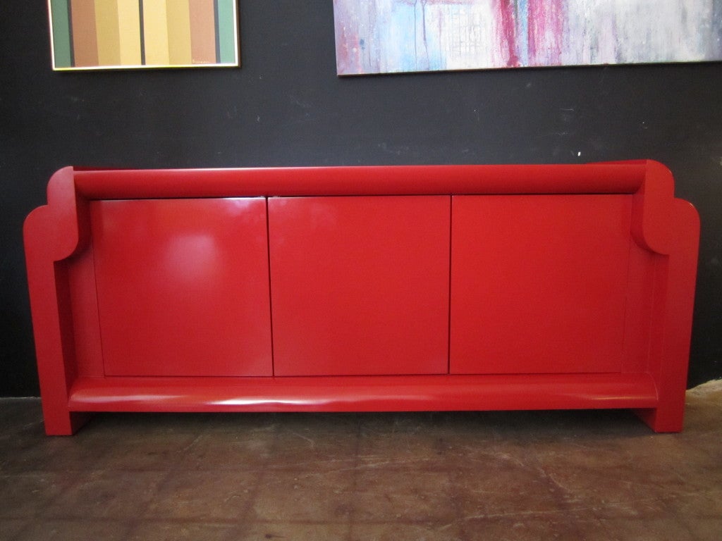 Red Lacquer Three Door Credenza at 1stDibs
