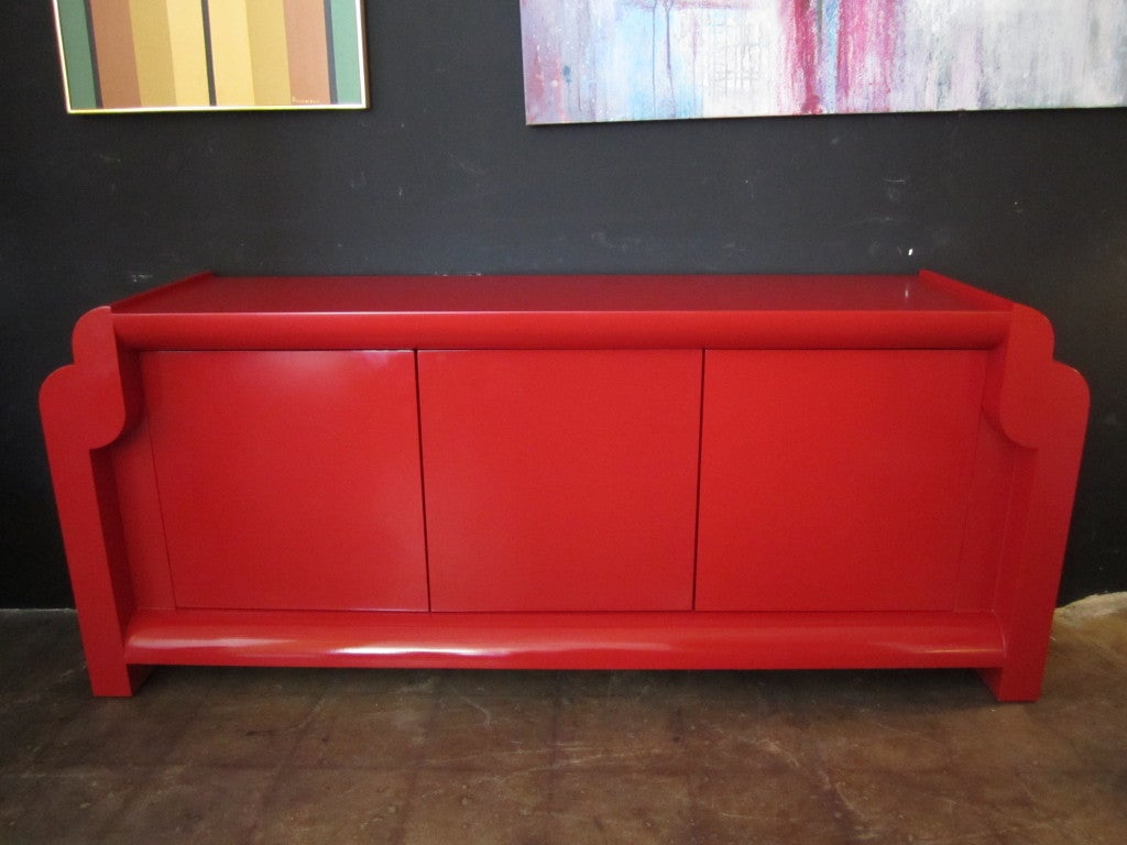 Red Lacquer Three Door Credenza at 1stDibs