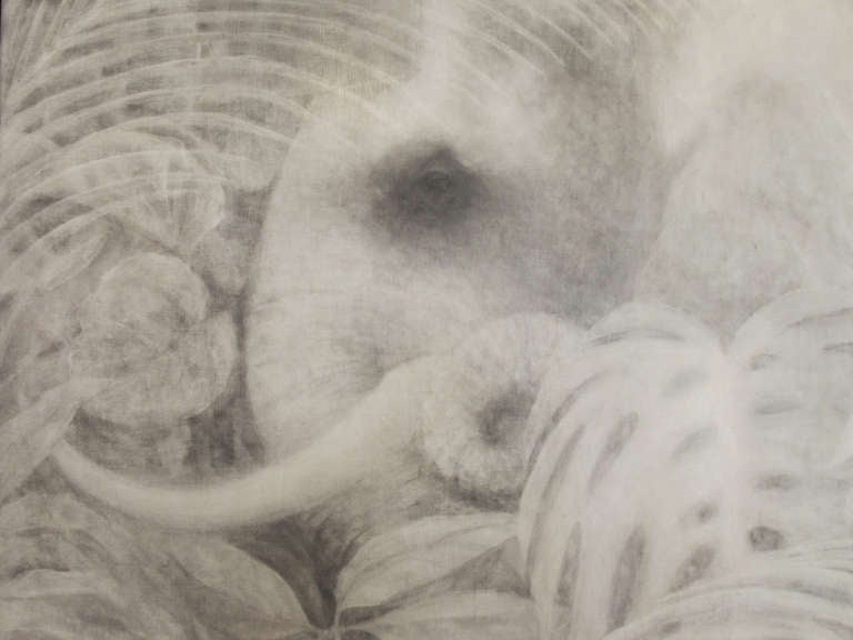 This highly decorativ painting depicting an elephant's head partially hidden by leaves is gorgeously rendered in monochrome oil paint, highlighting the details of the work. The work is signed "Joseph L. Klein III," and rests in a simple