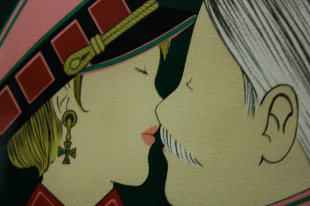This signed and numbered lithograph depicts decorated Corporal Benedict and her friend, Grand Duke Victor, moments before a kiss.
Executed in bright saturated color and titled in the lower right corner "Corporal Benedict and Grand Duke