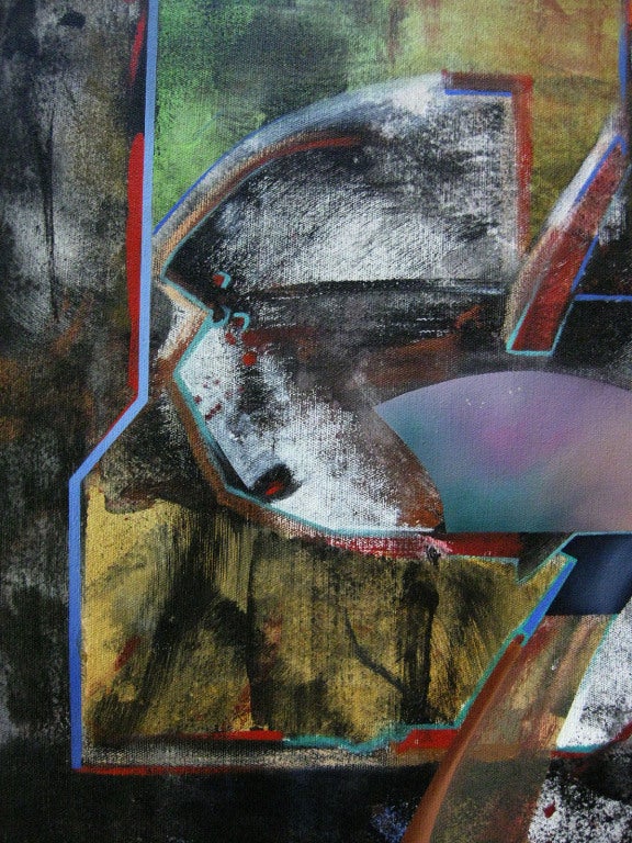 This layered, abstract work by Chilean born painter, Carlos Carulo, juxtaposes smooth, saturated areas of paint with raw brushwork. The painting is signed, dated and titled on the back of the canvas, 