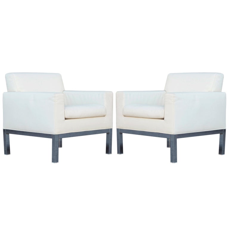 Italian White Leather Club Chairs by Minotti, Pair