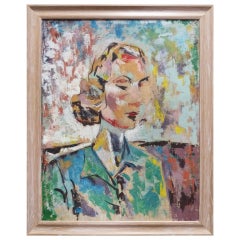 French Mid-Century Oil Painting Portrait of a Woman