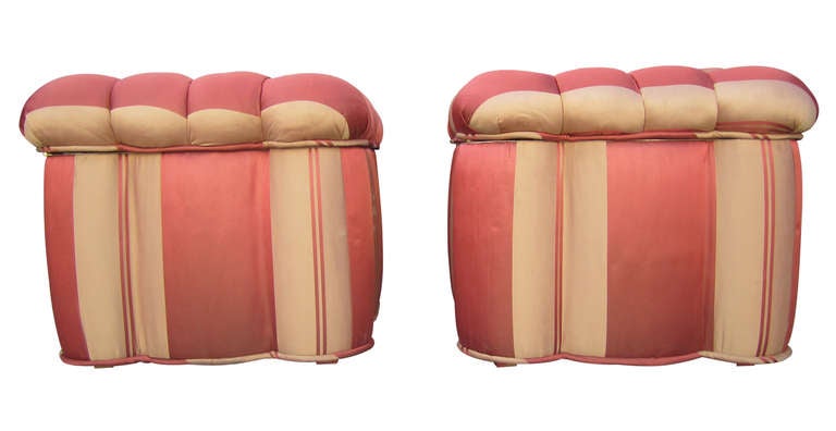 American Striped Tufted Storage Ottomans, Pair