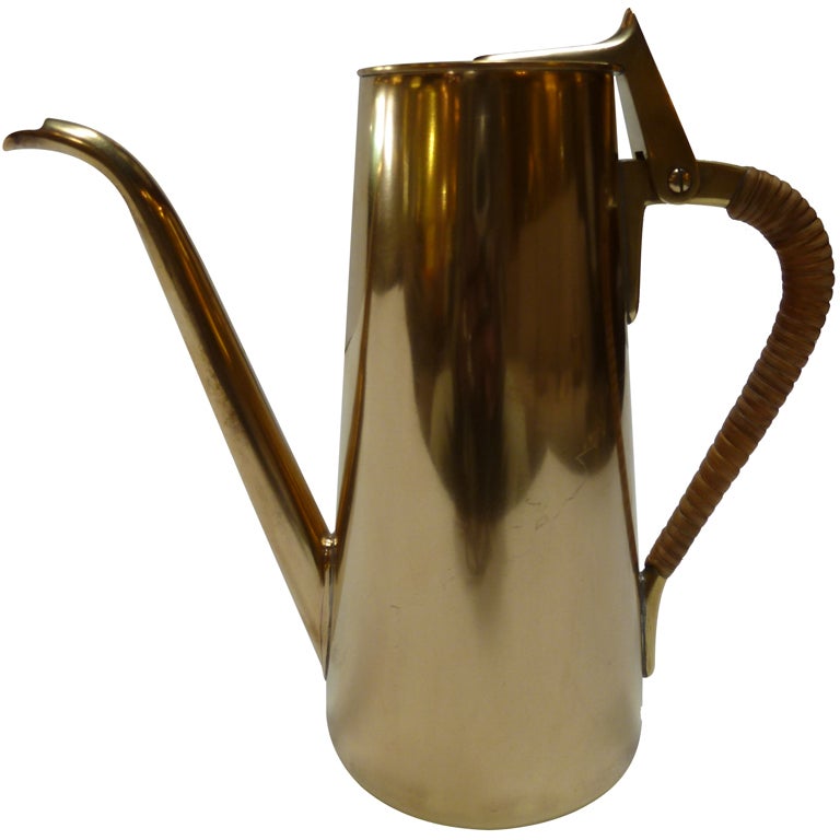 Austrian Mid-Century Brass and Wicker Coffee Pot by Carl Auböck