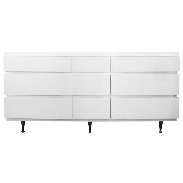 MidCentury White Lacquer Nine Drawer Dresser by Bassett at 1stDibs