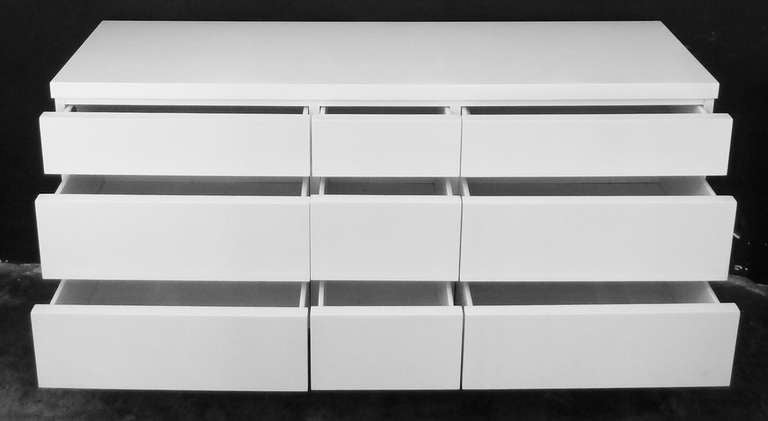 American Mid-Century White Lacquer Nine Drawer Dresser by Bassett
