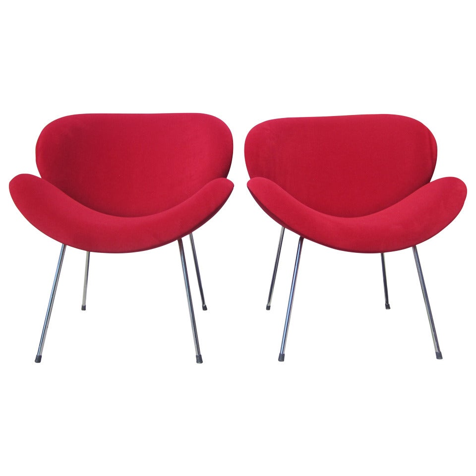 Pierre Paulin-Style Orange Slice Chairs in Red Velvet