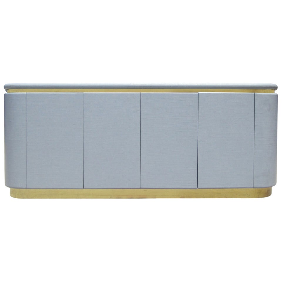 Harrison Van Horn Dove Grey Grasscloth Credenza with Brass Banding