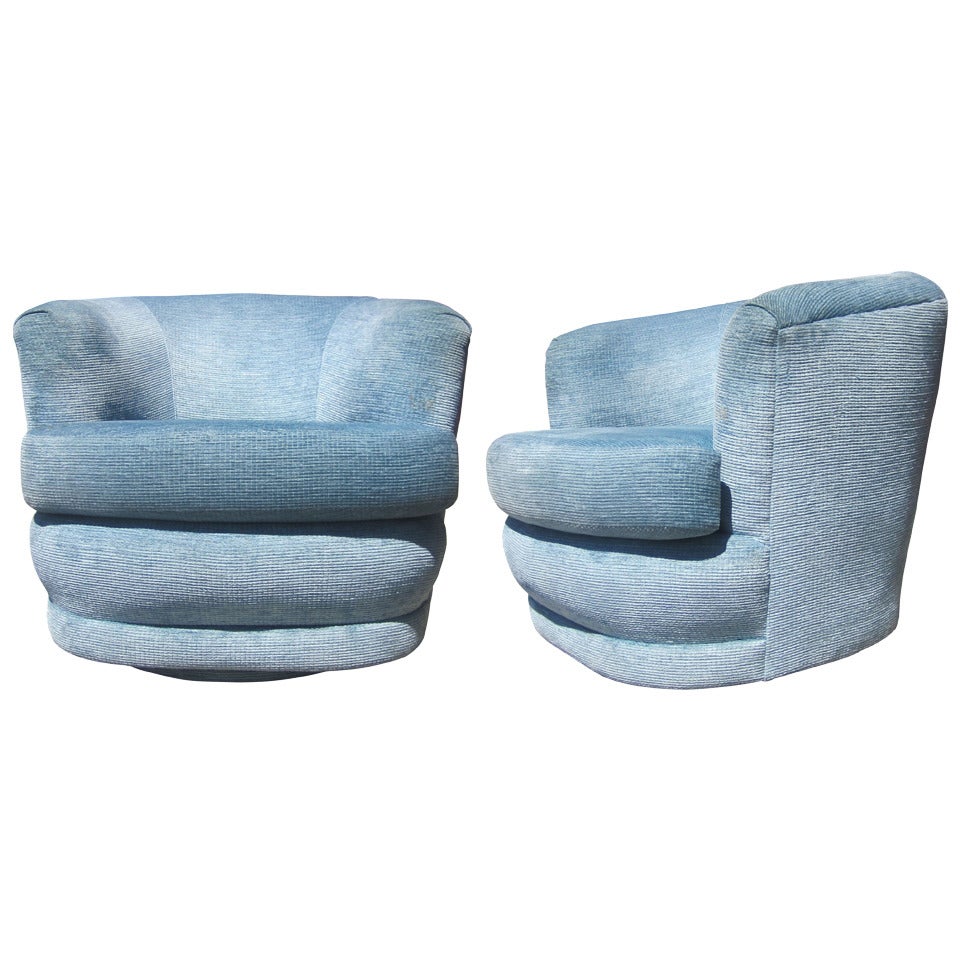 Pair of Powder Blue Velvet Swivel Chairs Attributed to Milo Baughman