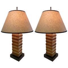 Mid-Century Cork and Walnut Table Lamps, Pair