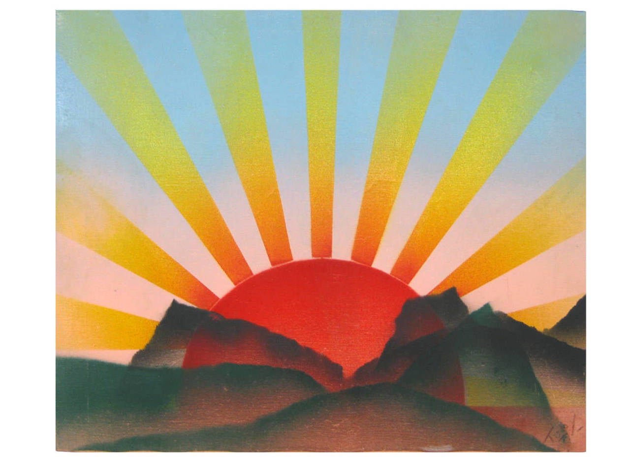 This gorgeous Minimalist oil painting features a radiant red sun with yellow beams of sunlight peeking out from between mountaintops. Dates from Mid-Century; signature is illegible.