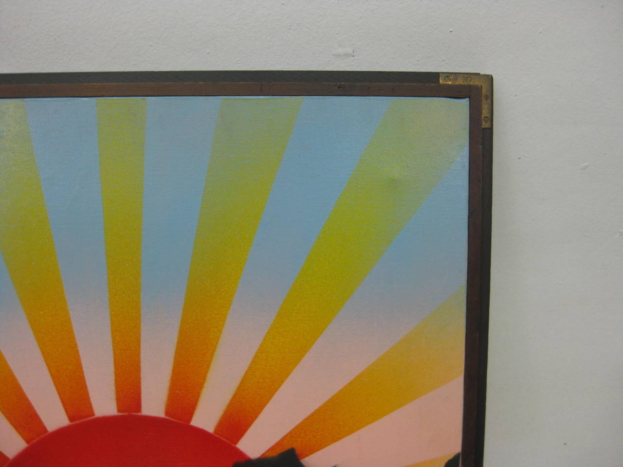 Radiant Red Sun Amid Mountaintops Colorful Minimalist Mid-Century Oil Painting In Excellent Condition In Pasadena, CA