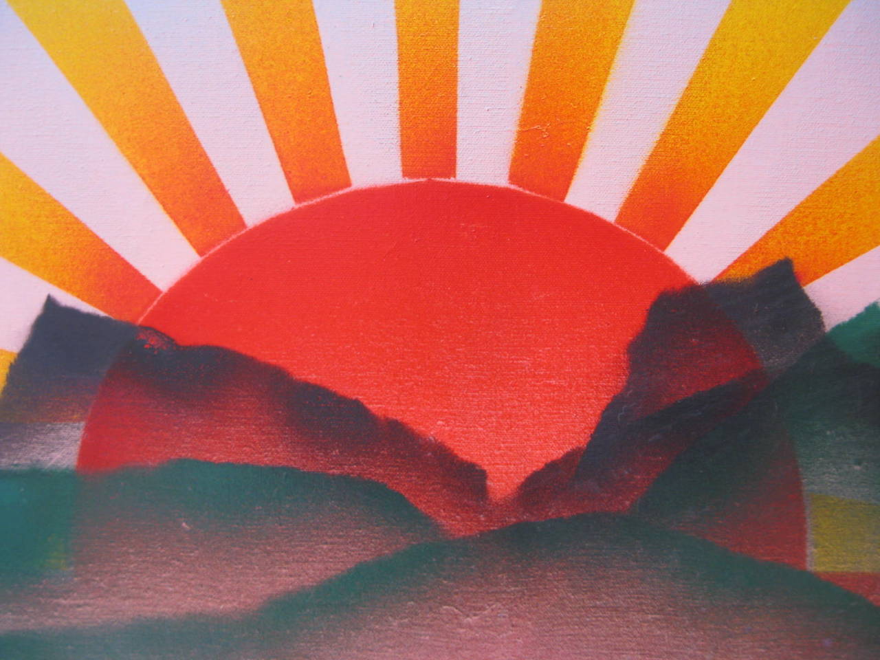 Mid-Century Modern Radiant Red Sun Amid Mountaintops Colorful Minimalist Mid-Century Oil Painting