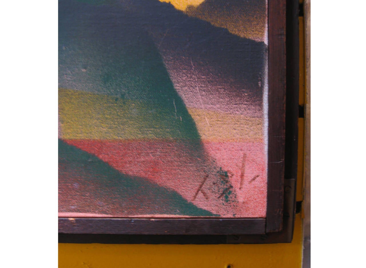 20th Century Radiant Red Sun Amid Mountaintops Colorful Minimalist Mid-Century Oil Painting