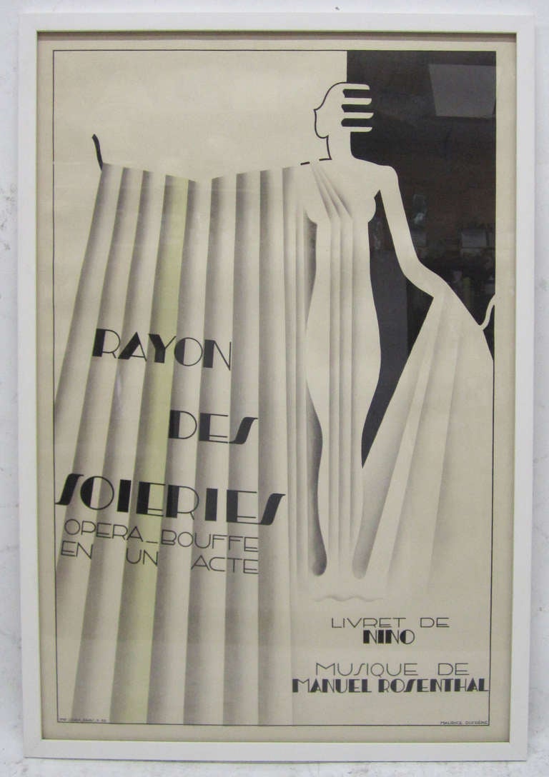 Designed by Maurice Dufrene (1876-1955), this original French art deco lithographic poster advertises the 1930 opening an operetta by Manuel Rosenthal entitled “Rayon Des Soleries.
