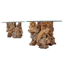 Unique Pair of Burled Wood and Glass Side Tables