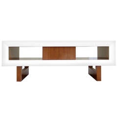 Vintage Architectural Coffee Table in White Lacquer Wood and Bubinga