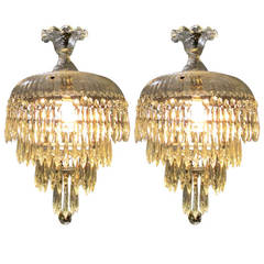 Pair of Five Tier French Crystal and Glass Chandeliers