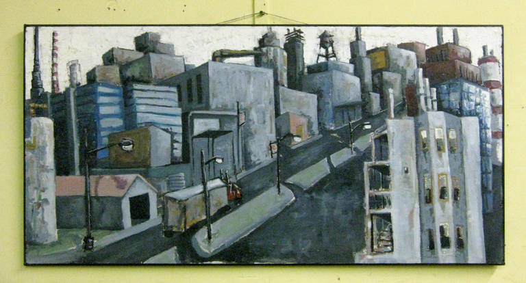 This somber cityscape skillfully employs the classic elements of a perspective landscape painting. The angled street, industrial skyline, and tiny figures lend this work a masterful feel. In muted green and grey tones, the artist uses minimal,