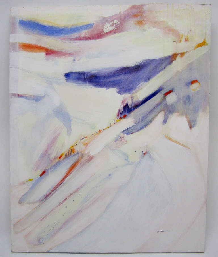 This ethereal abstract painting by listed artist, Wesley Johnson, features soft washes of color arranged in a fluid yet restful composition.
Johnson, elusive yet well-known along the West Coast, was influenced by the cubist ideas of his mentor,