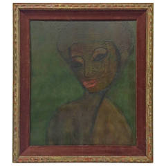 Mysterious Oil Painting in Carved Wood and Velvet Frame