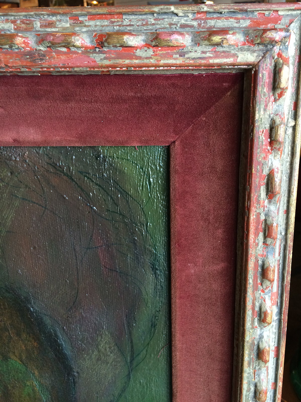 Painted Mysterious Oil Painting in Carved Wood and Velvet Frame