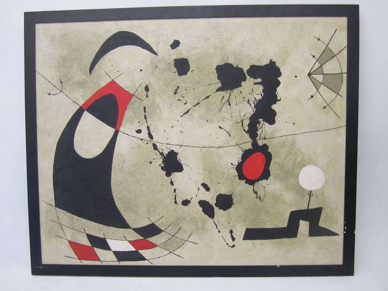 This large-scale painting in the manner of Joan Miró, combines geometric shapes with splashes of paint in the center of the composition. The oil on canvas is titled 