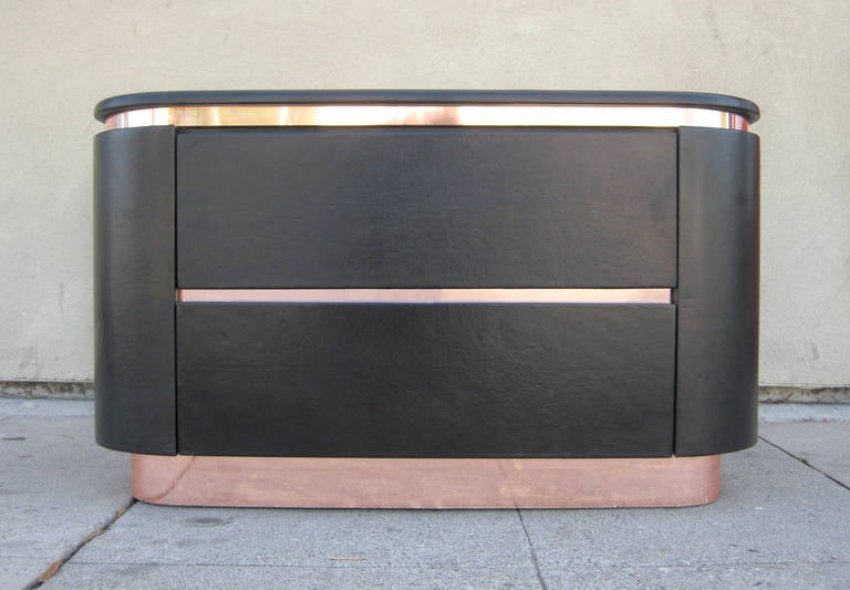 Pair of Black Leather and Rose Gold Side Tables or Nightstands