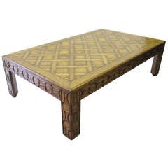 Retro Mid-Century Modern Coffee Table with Parquet Top and Carved Detailing