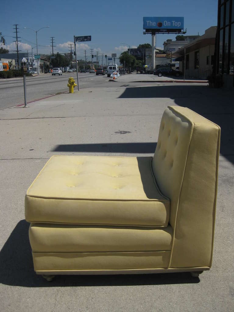 Mid-Century Modern Tufted Suede Slipper Chairs, Pair In Excellent Condition In Pasadena, CA