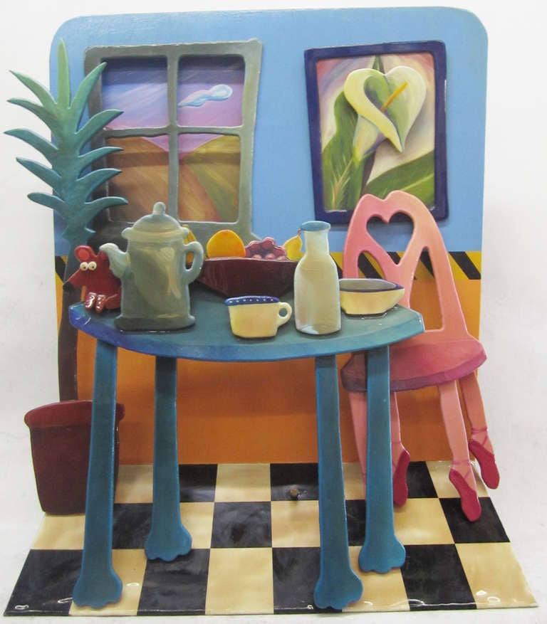 This resine assemblage by Roark Gourley incorporates various three-dimensional elements to recreate a playful kitchen. Each layer of the image is a three-dimensional wooden object attached to the background, which really brings this cartoon inspired