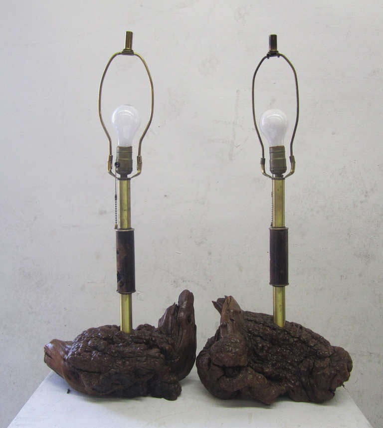 American Midcentury Brass and Organic Burled Wood Lamps, Pair