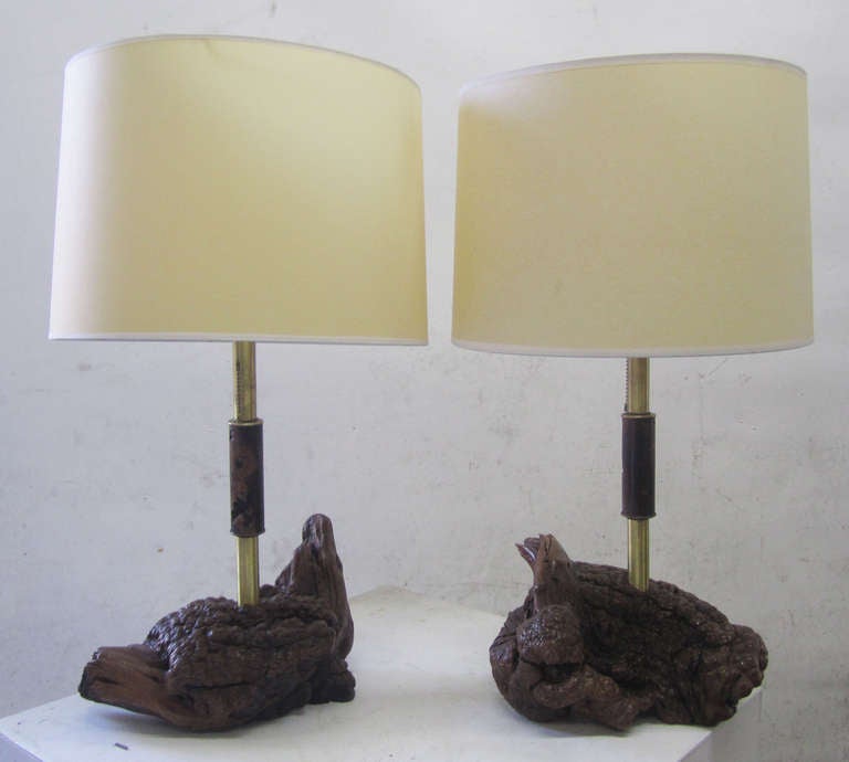 Mid-20th Century Midcentury Brass and Organic Burled Wood Lamps, Pair