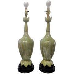 Pair of Green Ceramic Lamps with Flower Motif