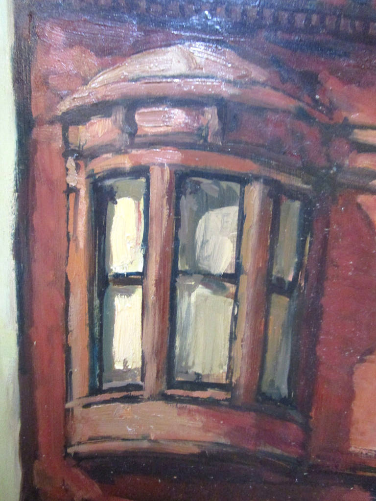 Oil painting of a brownstone with a voyeuristic habitant. Signed in the lower right corner, 