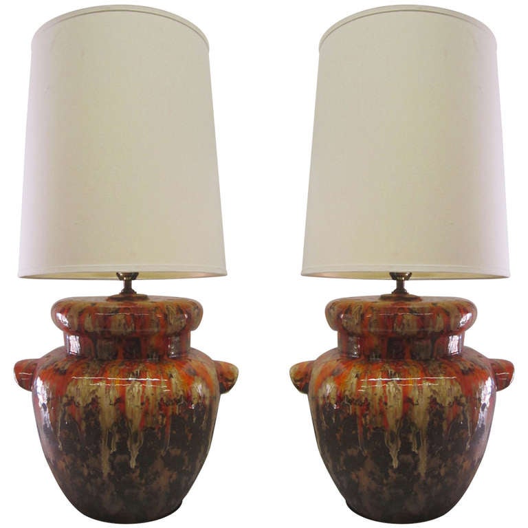 Ceramic and Orange Glaze Drip Lamps, Pair at 1stdibs