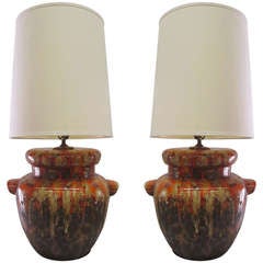 Ceramic & Orange Glaze Drip Lamps, Pair 4