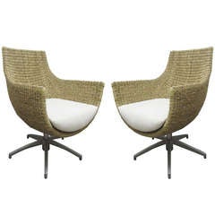 Vintage Unusual Wicker and Cast Aluminum Egg Chairs, Pair