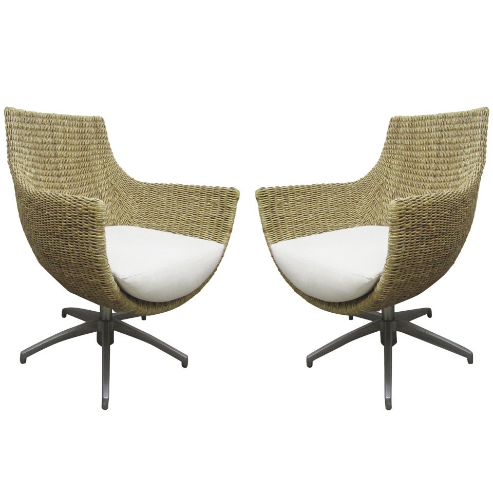 Unusual Wicker and Cast Aluminum Egg Chairs, Pair