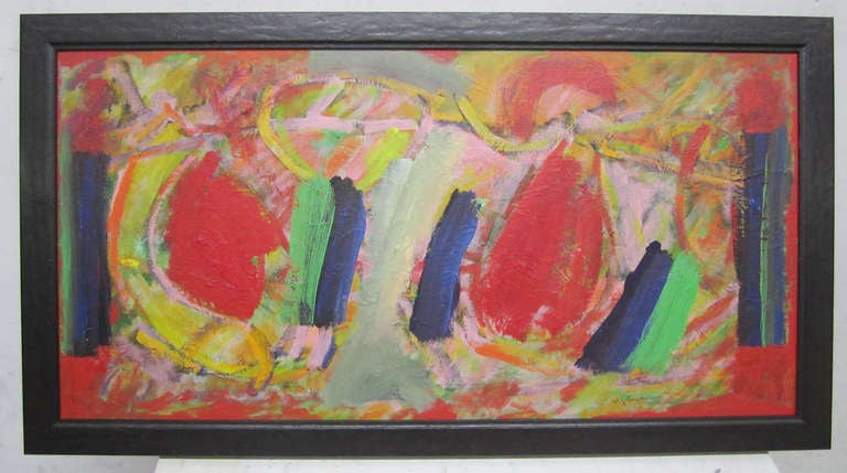 Painting by California artist Wesley Johnson featuring strong concentrations of red, blue, lime green against a playful yet strong background. This piece rests in a black wooden frame and is signed. Johnson, elusive yet well-known along the West