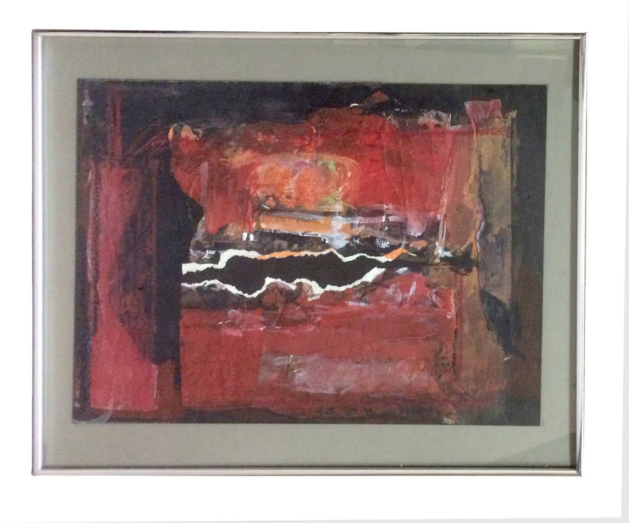 This mixed media collage is created from layer upon layer of paper glued together and painted over with red oil paint. Signed in the lower right corner, 