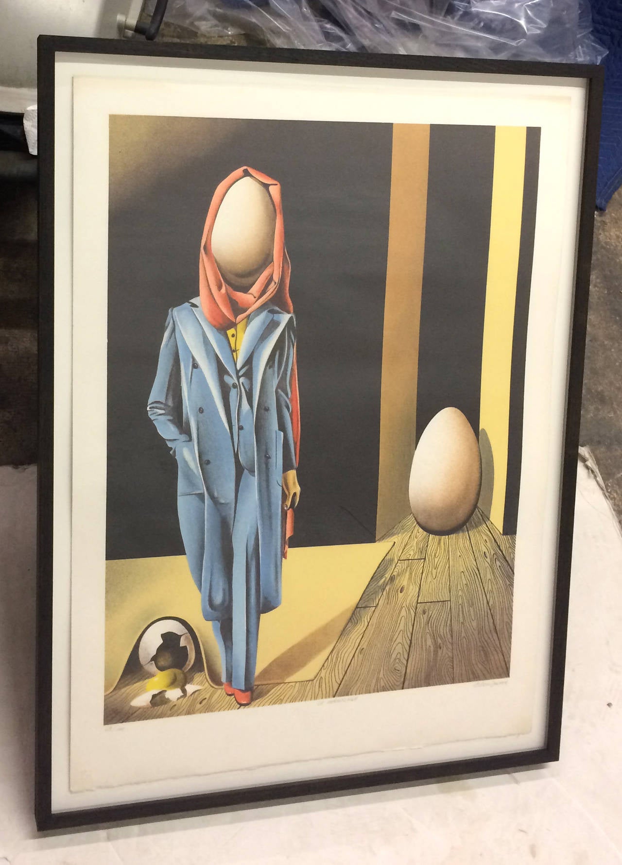 This peculiar lithograph by artist Peter Muhldorfer depicts a bizarre scene involving a well-dressed egg-headed woman. The piece is marked along the bottom edge, 