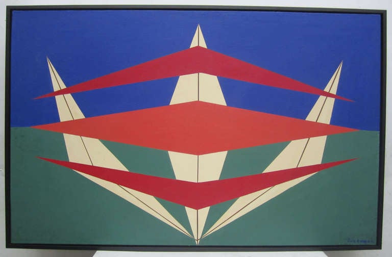 Geometric oil on canvas by Herbert Busemann (1905-1994) with an eye-catching design in contrasting red, green, white, and blue. German-American Busemann was a renowned mathematician who pursued art as a creative outlet after he retired. His work was
