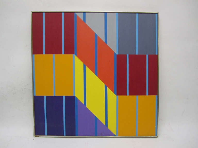 Graphic, architectural 1970's painting featuring four bands of color punctuated by vertical blue lines. The piece rests in a simple metal frame and is marked on the back, 