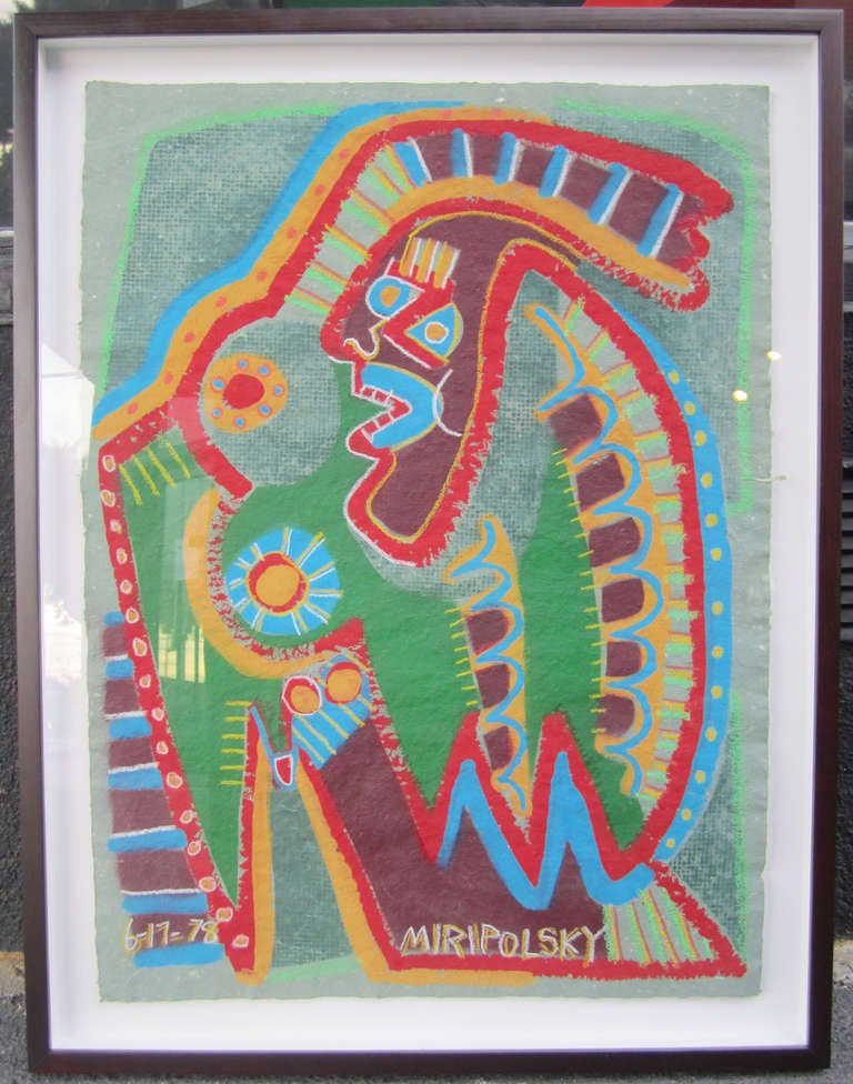 This pastel drawing by American artist, André Miripolsky, depicts what appears to be an Incan figure. The piece is floated in its frame and signed 
