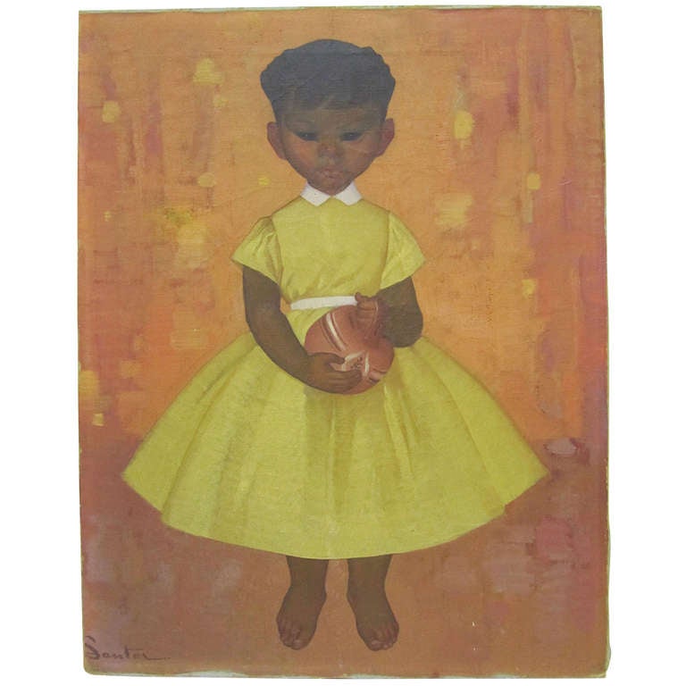 This arresting, mid-century modern painting depicts a little girl holding a ceramic jug. She is well-painted with wonderful details such as her curled toes. The oil on canvas is signed in the lower left corner, 