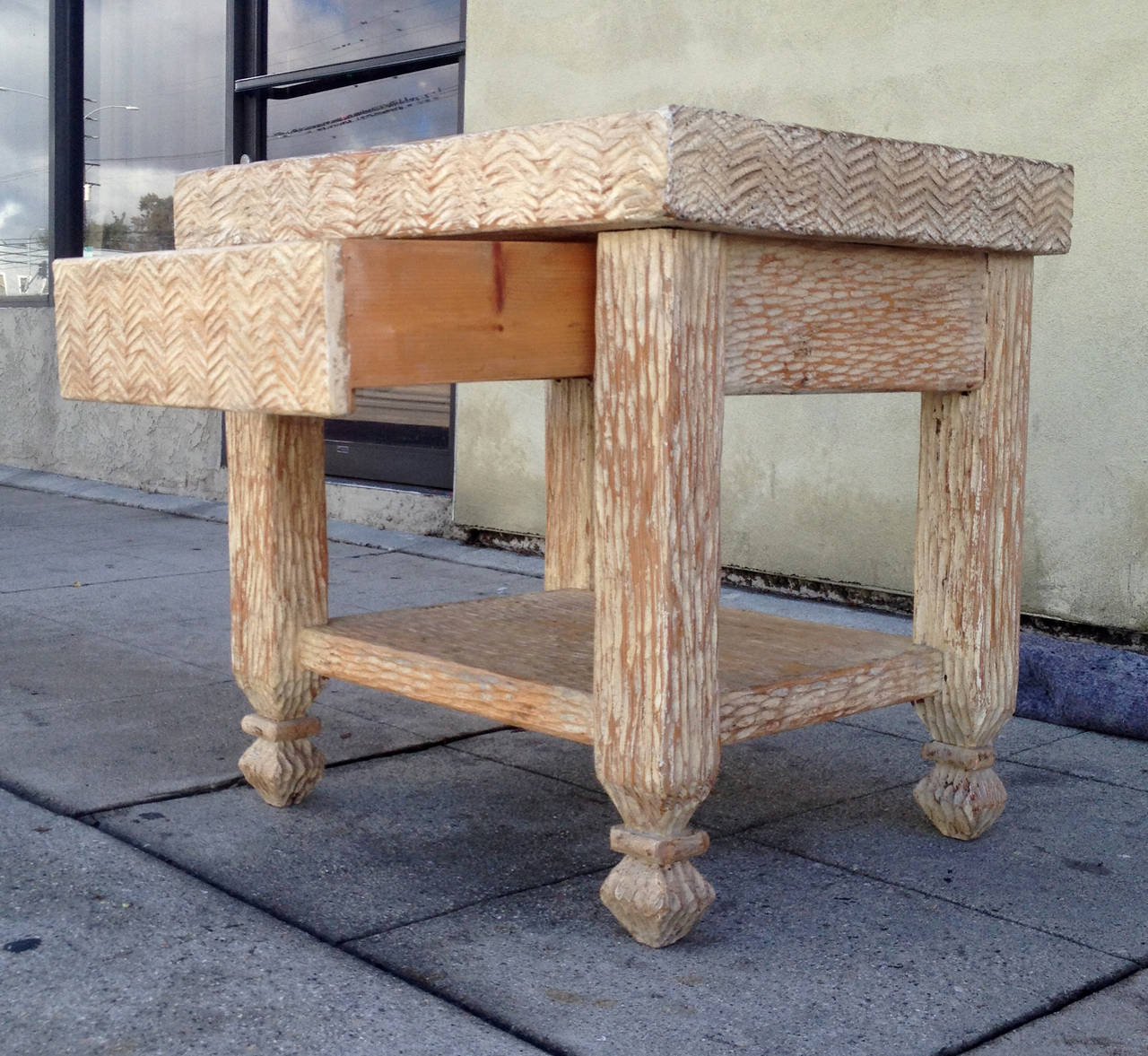 Pair of Carved and Bleached Wood Side Tables 1